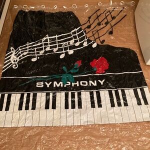 Shower Curtain Music Notes Piano Keys Roses Plastic with Set of White Hooks VGUC
